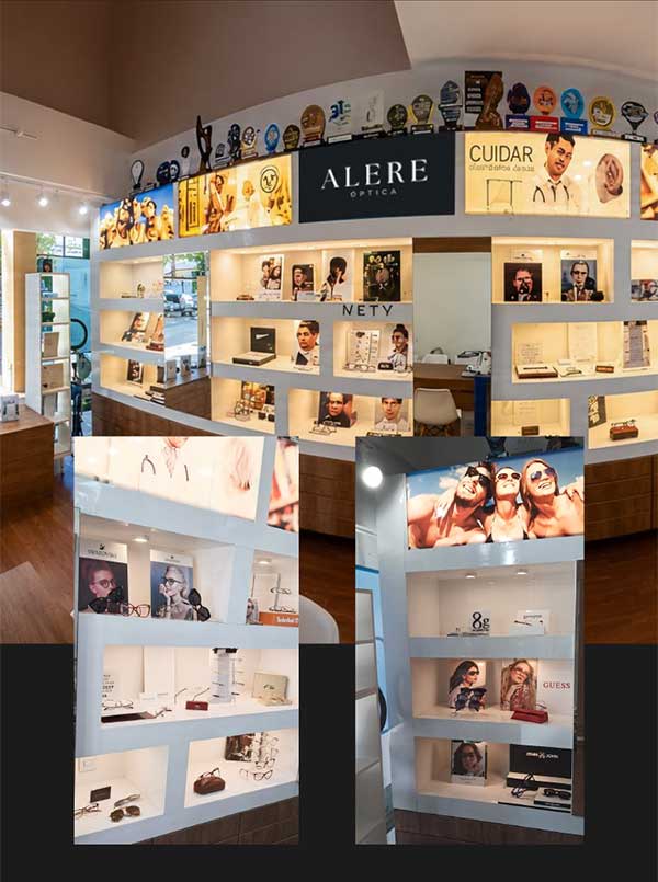 Interior da Alere Óptica – armações premium em exposição